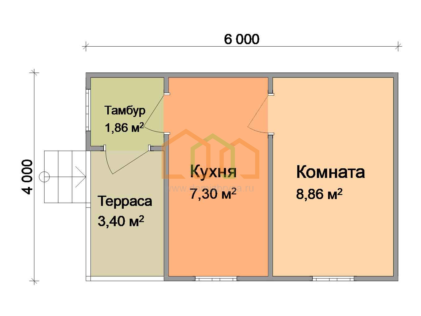 Брусовой садовый домик с террасой Кедр - 3 (БТ) 4x6 Площадь: 24 м² с  террасой купить под ключ в Осташкове