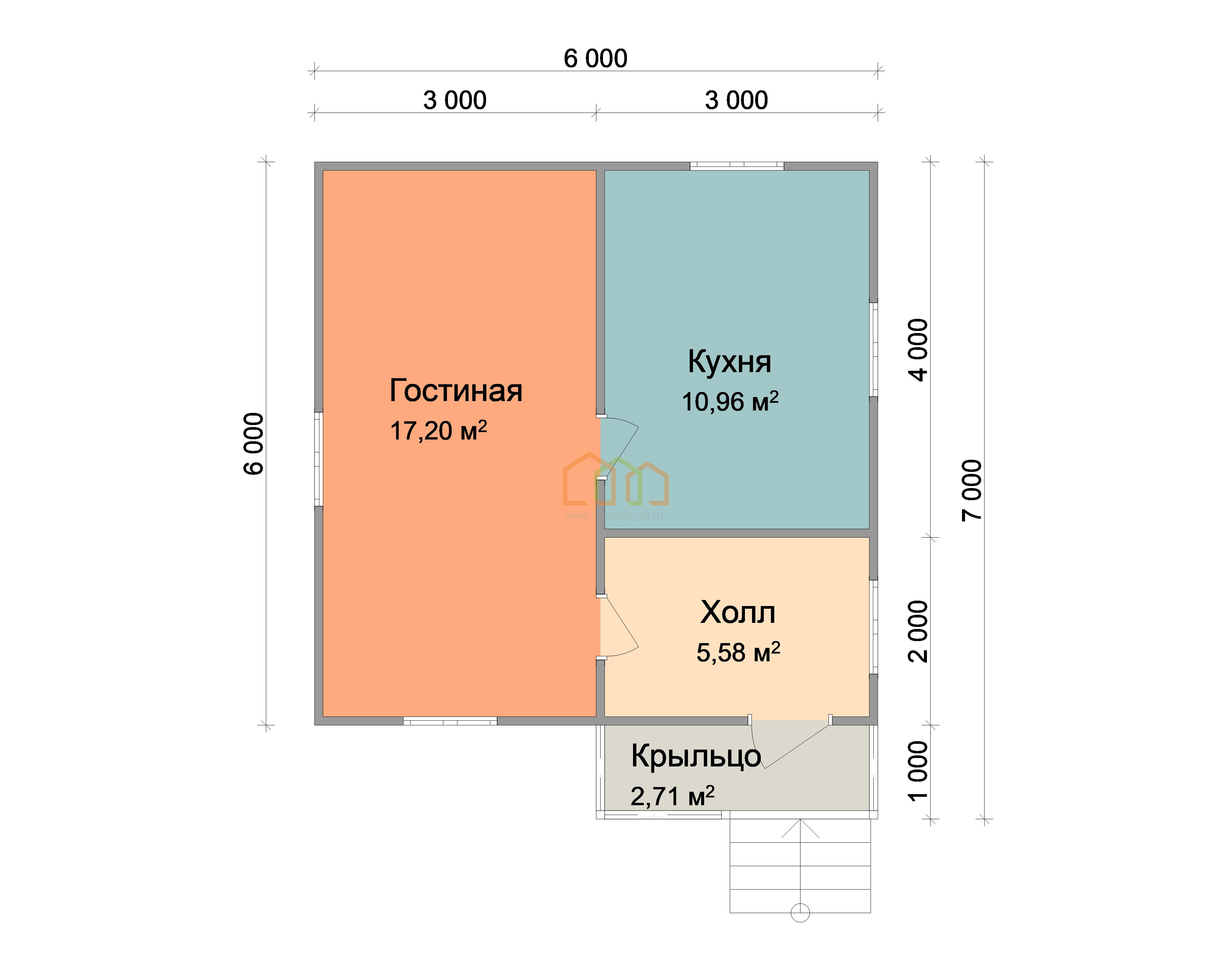 Одноэтажный каркасный дом 6х6 - цена 1018500 руб под ключ в Осташкове.  Площадь: 39 м² с крыльцом